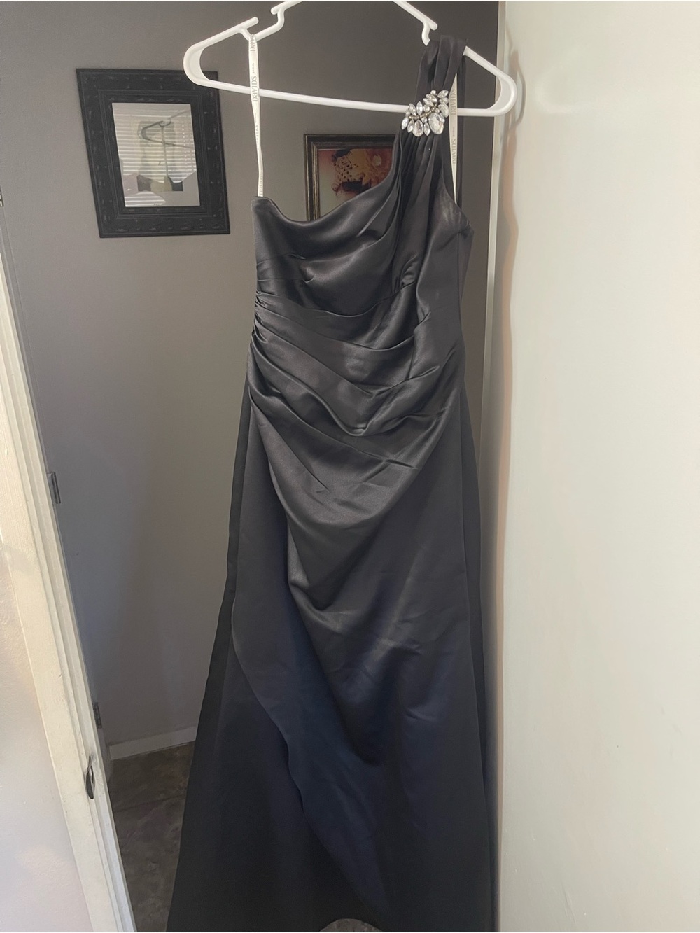 David's Bridal Black One-Shoulder Evening Gown with Jewel Accent